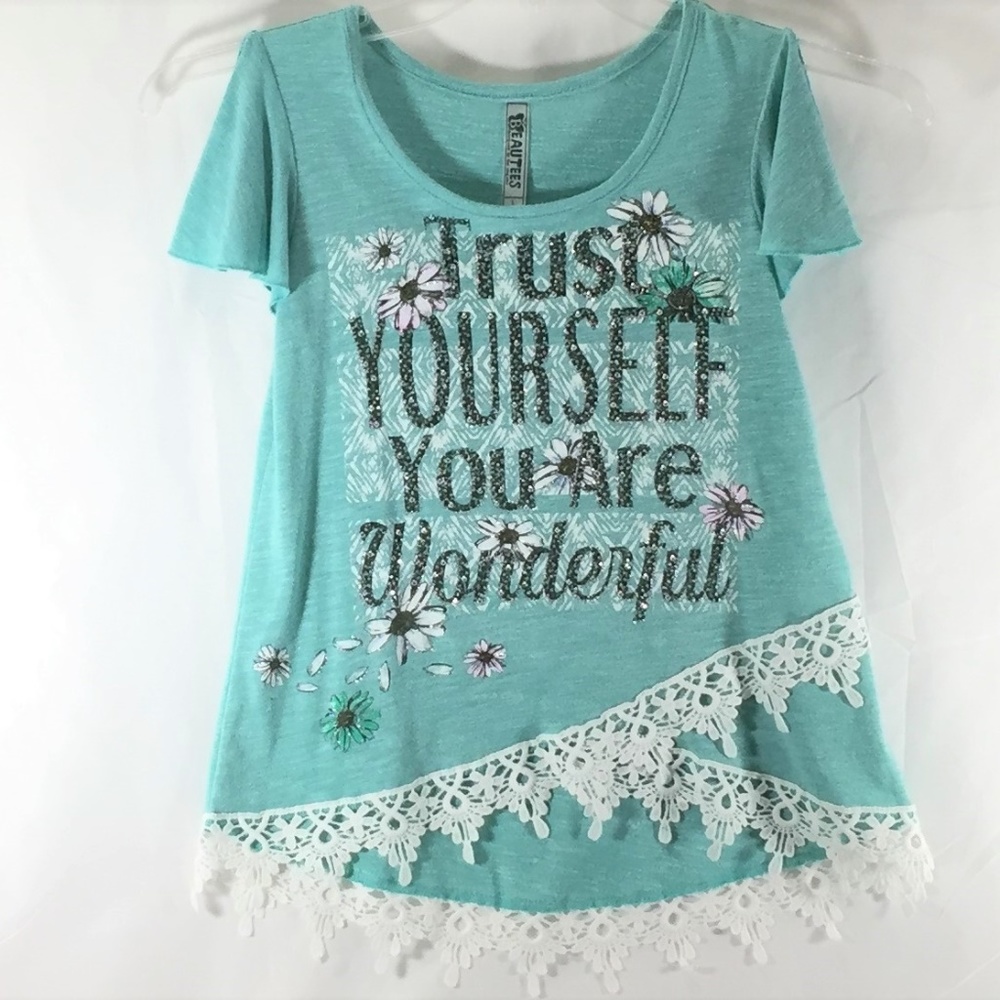Girls blouse sage color lace bling flutter sleeves